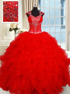 Latest Sweetheart Cap Sleeves Organza Quinceanera Dresses Beading and Ruffles Backless