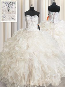 Hot Sale Champagne Lace Up Sweetheart Beading and Lace and Ruffles 15 Quinceanera Dress Organza Sleeveless