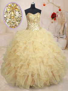 Comfortable Champagne Organza Lace Up Vestidos de Quinceanera Sleeveless Floor Length Beading and Ruffles and Sequins