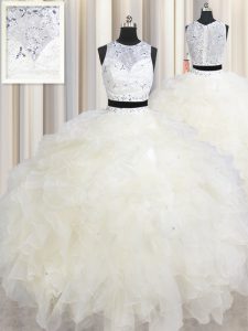 Graceful Champagne Two Pieces Scoop Sleeveless Organza Floor Length Lace Up Beading and Ruffles 15th Birthday Dress