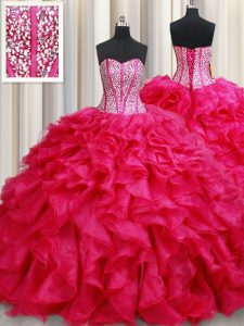 Affordable Sweetheart Sleeveless Brush Train Lace Up Sweet 16 Dress Coral Red Organza