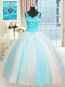 Beading Quinceanera Gowns White and Blue Lace Up Sleeveless Floor Length