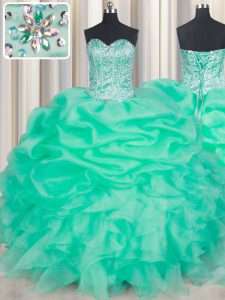 Apple Green Ball Gowns Sweetheart Sleeveless Organza Floor Length Lace Up Beading and Ruffles and Pick Ups Quinceanera G