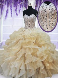 Latest Champagne Sleeveless Beading and Ruffles Floor Length Quinceanera Gowns