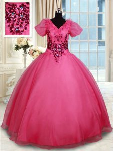 High End Beading Quinceanera Gown Coral Red Lace Up Short Sleeves Floor Length