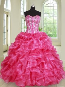 Wonderful Hot Pink Ball Gowns Beading and Ruffles Sweet 16 Dress Lace Up Organza Sleeveless Floor Length