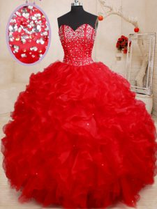Wonderful Floor Length Ball Gowns Sleeveless Red Quince Ball Gowns Lace Up