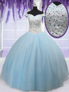 Elegant Off The Shoulder Sleeveless Lace Up 15 Quinceanera Dress Light Blue Tulle