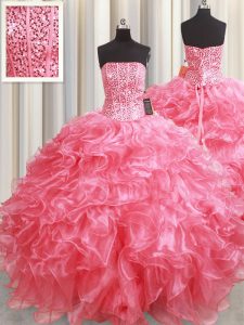 Pink Organza Lace Up Ball Gown Prom Dress Sleeveless Floor Length Beading and Ruffles