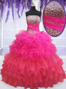 Fabulous Sequins Ruffled Multi-color Sleeveless Organza Lace Up 15 Quinceanera Dress for Military Ball and Sweet 16 and 