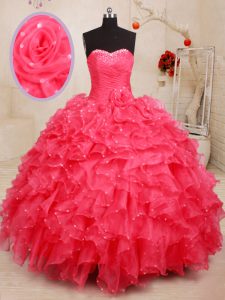 High End Coral Red Ball Gowns Beading and Ruffles and Sequins and Hand Made Flower Quinceanera Dress Lace Up Organza Sle