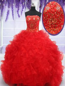 Strapless Sleeveless Lace Up Sweet 16 Dresses Red Organza