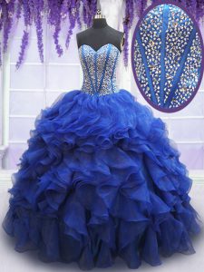 Beautiful Royal Blue Sleeveless Organza Lace Up Quinceanera Dresses for Military Ball and Sweet 16 and Quinceanera