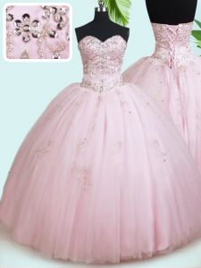Sexy Baby Pink Lace Up Sweetheart Beading Quince Ball Gowns Tulle Sleeveless