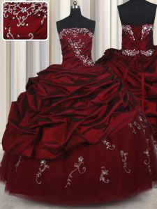 Best Selling Wine Red Taffeta and Tulle Lace Up Sweet 16 Dresses Sleeveless Floor Length Beading and Pick Ups