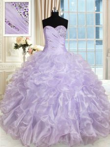 Fashion Lavender Ball Gowns Beading and Ruffles Sweet 16 Dresses Lace Up Organza Sleeveless Floor Length