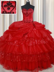 Red Sweetheart Neckline Embroidery and Ruffled Layers and Sequins and Pick Ups 15th Birthday Dress Sleeveless Lace Up