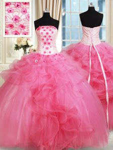 Hot Pink Tulle Lace Up Strapless Sleeveless Floor Length Sweet 16 Quinceanera Dress Beading and Appliques and Ruffles