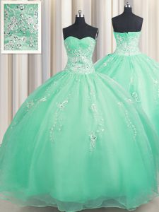 Turquoise Sleeveless Organza Zipper Quince Ball Gowns for Military Ball and Sweet 16 and Quinceanera