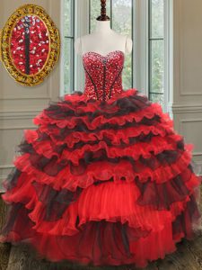 Luxurious Red And Black Ball Gowns Organza Sweetheart Sleeveless Beading Floor Length Lace Up Vestidos de Quinceanera