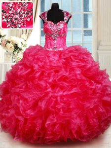 Floor Length Ball Gowns Cap Sleeves Hot Pink Sweet 16 Dress Backless