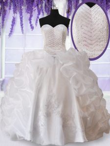 Sleeveless Floor Length Beading and Appliques and Pick Ups Lace Up Quinceanera Gown with White
