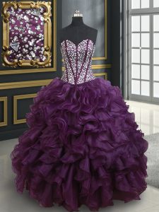 Dark Purple Ball Gowns Organza Sweetheart Sleeveless Beading and Ruffles Floor Length Lace Up Sweet 16 Quinceanera Dress