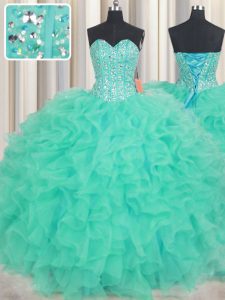 Floor Length Lace Up Sweet 16 Quinceanera Dress Turquoise for Military Ball and Sweet 16 and Quinceanera with Beading an