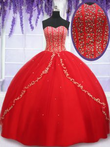 Discount Sleeveless Tulle Floor Length Lace Up 15th Birthday Dress in Red with Beading and Appliques