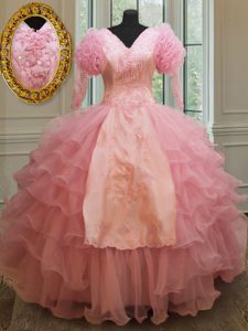 Shining Baby Pink Ball Gowns V-neck Half Sleeves Organza Floor Length Zipper Beading and Embroidery and Ruffled Layers V
