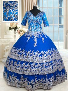 Floor Length Royal Blue Quince Ball Gowns Satin Half Sleeves Beading and Lace and Ruffled Layers
