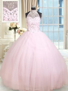 Dramatic Baby Pink Halter Top Neckline Beading Quinceanera Gown Sleeveless Lace Up