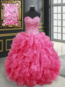 Elegant Hot Pink Sleeveless Beading and Ruffles Floor Length Vestidos de Quinceanera