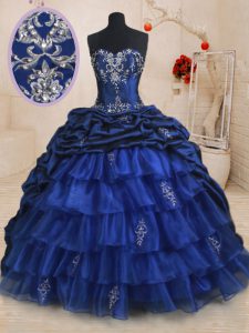 Charming Royal Blue Organza and Taffeta Lace Up Quinceanera Dress Sleeveless With Brush Train Beading and Ruffled Layers