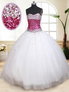 Enchanting Sleeveless Tulle Floor Length Lace Up Sweet 16 Quinceanera Dress in White with Beading