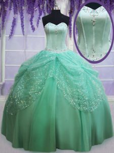 Floor Length Lace Up Quinceanera Gowns Apple Green for Military Ball and Sweet 16 and Quinceanera with Beading and Sequi