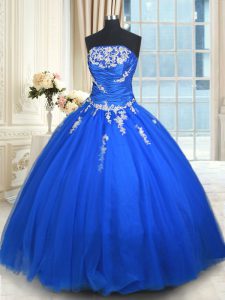 Strapless Sleeveless Lace Up Sweet 16 Dresses Blue Tulle