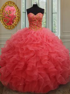 Floor Length Coral Red Quinceanera Gown Organza Sleeveless Beading and Ruffles