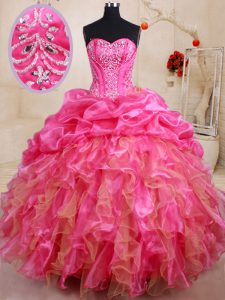 Floor Length Hot Pink Quinceanera Gown Organza Sleeveless Beading and Ruffles and Pick Ups