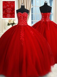 Beading and Appliques Quince Ball Gowns Red Lace Up Sleeveless Floor Length