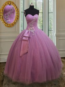Sweet Beading and Belt Sweet 16 Quinceanera Dress Lilac Lace Up Sleeveless Floor Length