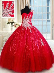 New Arrival Red One Shoulder Neckline Beading and Appliques 15 Quinceanera Dress Sleeveless Lace Up