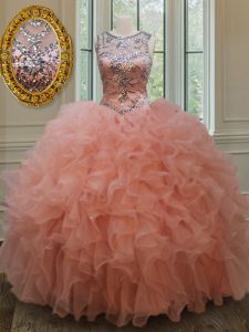 See Through Peach Quinceanera Gown Military Ball and Sweet 16 and Quinceanera and For with Beading and Ruffles Scoop Sle