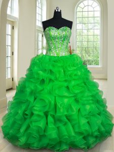 Unique Green Ball Gowns Sweetheart Sleeveless Organza Floor Length Lace Up Beading and Ruffles Sweet 16 Dress