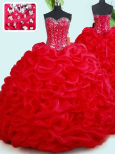 Red Ball Gowns Beading and Pick Ups Quinceanera Dress Lace Up Organza Sleeveless