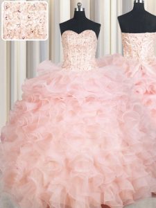 Traditional Baby Pink Ball Gowns Sweetheart Sleeveless Organza Floor Length Lace Up Beading and Ruffles Quinceanera Gown