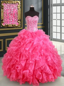 Shining Sleeveless Organza Floor Length Lace Up Ball Gown Prom Dress in Hot Pink with Beading and Ruffles and Sequins