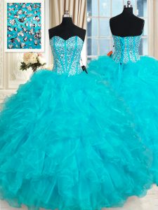 Sleeveless Organza Floor Length Lace Up Sweet 16 Dress in Aqua Blue with Beading and Ruffles