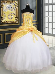 Best Beading and Pick Ups and Hand Made Flower Quinceanera Gown Yellow And White Lace Up Sleeveless Floor Length