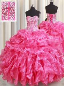 Sophisticated Beading and Ruffles Quince Ball Gowns Hot Pink Lace Up Sleeveless Floor Length